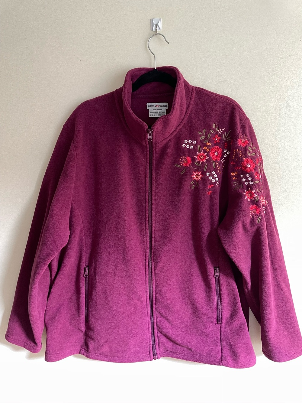 Atlas for Women Fuchsia Floral Embroidered Fleece Jacket Plus Size 20–22
